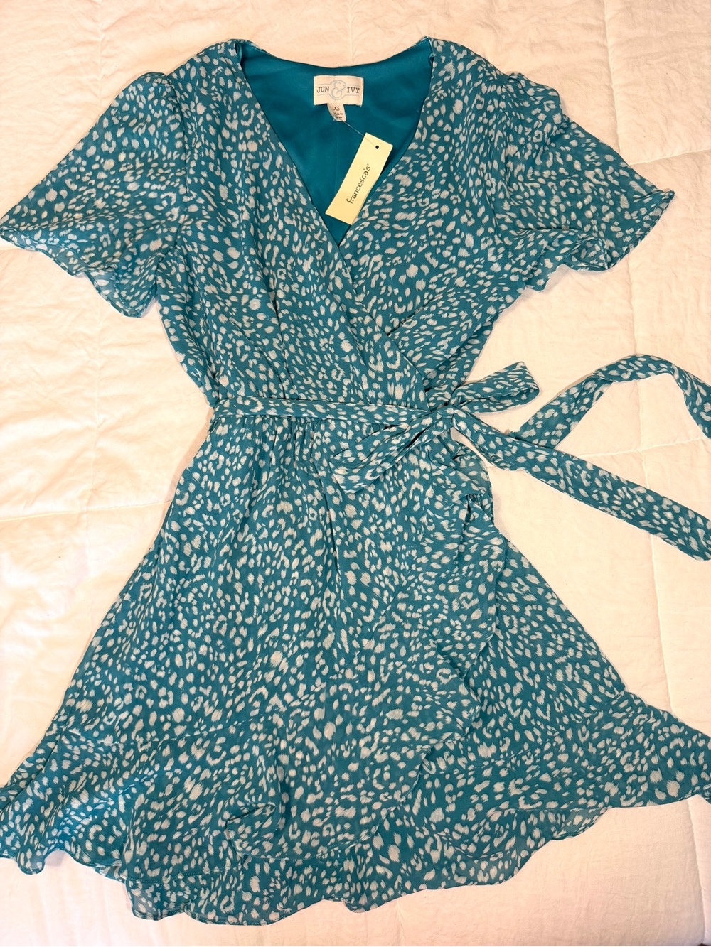 Jun & Ivy turquoise mini dress with white specks tie waist XS NWT